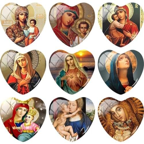 JOINBEAUTY Virgin Mary And Jesus Art Photo Heart Shaped 25mm DIY Gift Accessories Glass Cabochon Flat Back Pattern Jewelry VM112