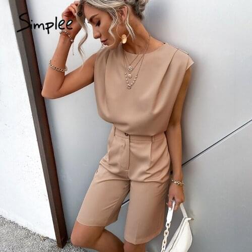 Simplee Sleeveless top straight leg shorts jumpsuit romper Khaki O neck top short wide leg jumpsuit Summer causal romper suit