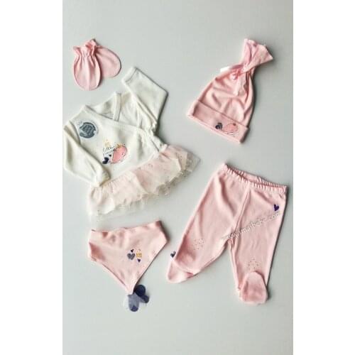 Baby Girl Clothing 5 Pcs Set Soft 100% Cotton Baby Gift Layette Baby Girl Pink Princess Fish Girl 5'li The zibin set For Gift