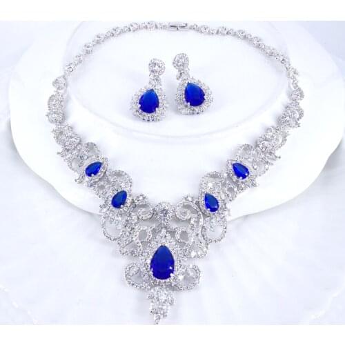 NEW FASHION romantic retro BLUE CRYSTAL CZ zircon necklace earring wedding bride banquet formal dress jewelry set free shipping