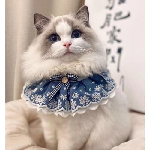 Fashion Handmade Cloth Laces Bibs Pet Dog Cats Collars For Small Large Dog Supplies Blue Print Bowknot Bibs Jewelry Accessories