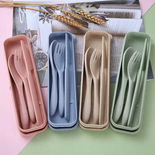 3pcs/set Travel Cutlery Portable Cutlery Box Japan Style Wheat Straw Knife Fork Spoon Student Dinnerware Sets Kitchen Tableware