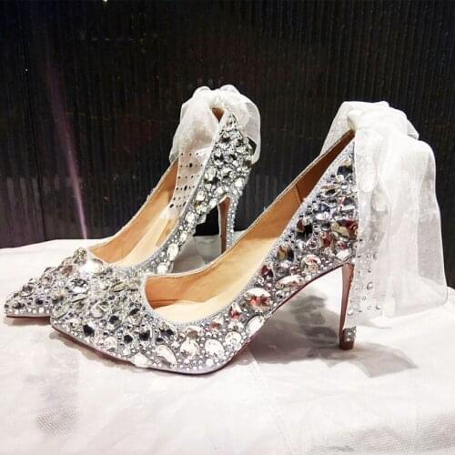 Autumn new crystal pointed toe stiletto bridal wedding shoes rhinestone banquet dress all-match large size womens single shoes