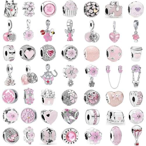 New fashion charm original pink peach blossom bird rose flower bead suitable for original Pandora ladies bracelet jewelry gift