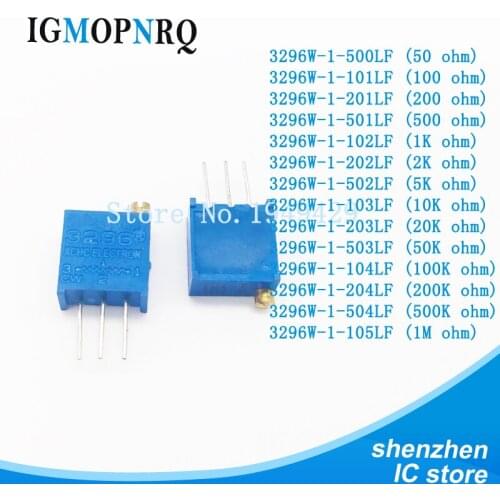 50Pcs/lot 3296W 50 100 200 500 ohm 1K 2K 5K 10K 20K 50K 100K 200K 500K 1M 2Mohm 103 100R 200R 500R Trimpot Trimmer Potentiometer