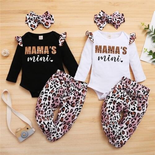 Casual 0-24M Infant Baby Girl Clothing MAMA MINI Letter Print Ruffle Long Sleeve Romper+Leopard Harem Pants+Headband 3pcs