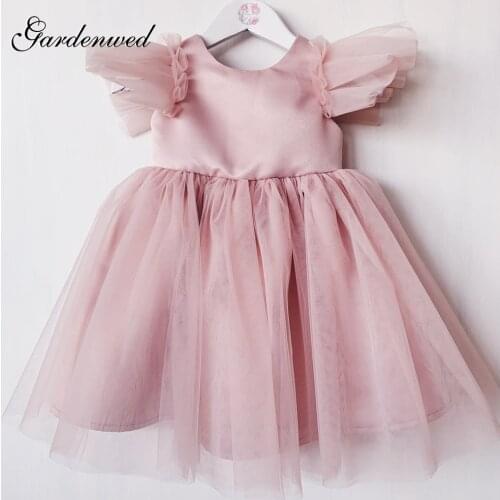 Gardenwed A-line Simple Pink Flower Girl Dresses Kids Lovely Tulle Sleeves Prom Dress Ins Cute Ball Gown,Celebrity Dresses