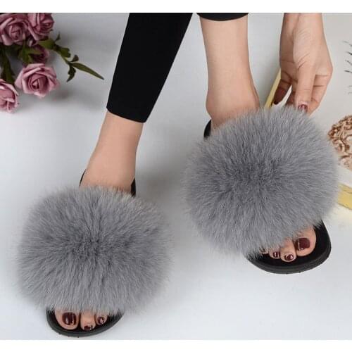 Hot Summer Women Fox Fur Slippers Real Fur Slides Female Indoor Flip Flops Casual Raccoon Fur Sandals Furry Fluffy Plush Shoes