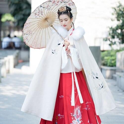 Chinese Style Traditional and Ancient Cloak With Fur Collar Red/Apricot/Black Embroidered Hanfu Folk Dance Stage Outfit VO431