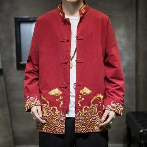 Chinese Style Embroidered Jacket 2021 Cotton Linen Tang Suit Wudang Disc Button Chinese Tunic Suit Plus Size Tops Men Cloting