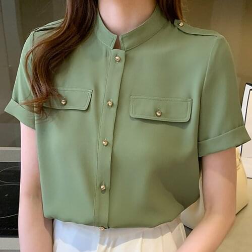 Summer Women Chiffon Blouse Shirt Tops Women Short Sleeve Stand Collar Blouse Women Blusas Mujer De Moda 2021 Shirts Blouses F75