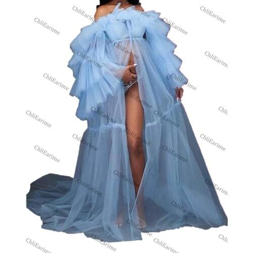 Womens Maternity Robes for Photoshoot Fluffy Tulle Off the Shoulder Sheer Pregnant Dress Gowns