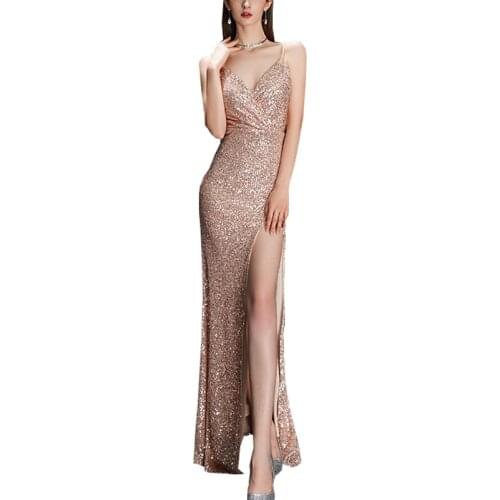 2020 Elegant Women Sequins Beading Long Dress Sexy V-Neck Backless Women Sexy Party Dress Floor Length Women Dress Vestidos