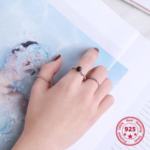 Korea Hot Style 925 Sterling Silver Simple Retro Vintage Black Crystal Wist Adjustable Rings Women Jewelry Dropshipping