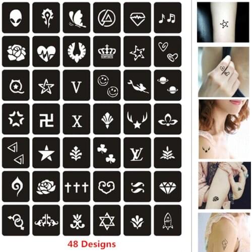 48pcs/set Henna Stencil Small Size Airbrush Stencils Flower Crown Cat DIY Drawing Glitter Tattoo Stencil Henna Templates