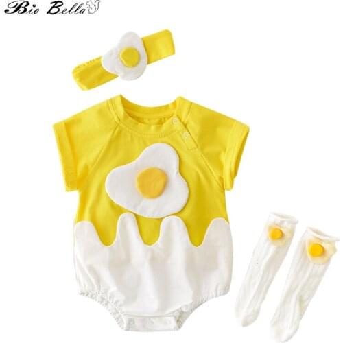 Newborn Baby Clothes Egg Embrioderied Short Sleeve Bodysuit+Socks Headband 3pcs Outfits kids Clothes Summer Casual Baby Set