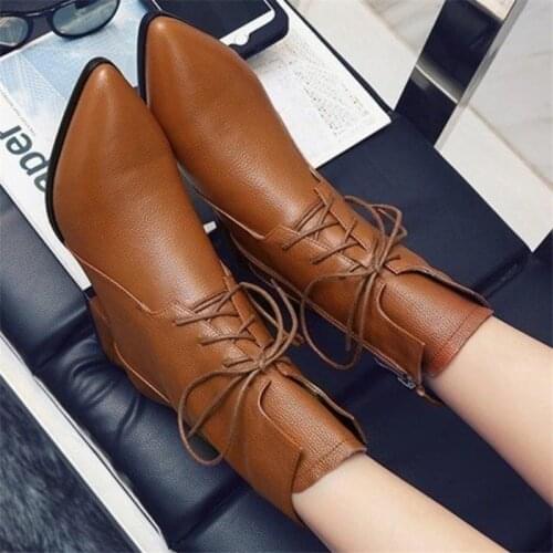 Concise Ankle Boots Women Chunky Square Heel Side Lace-Up Footwear Point Toe Decor Sewing Autumn Spring Casual Boots Women 35-41