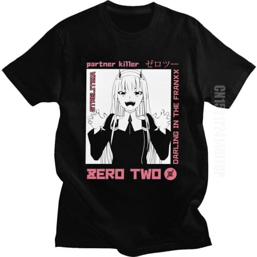 Darling In The Franxx Tshirt Men 100% Cotton Zero Two T Shirt Manga Animated TV Show Tee O Neck Novelty T-shirt Kawaii