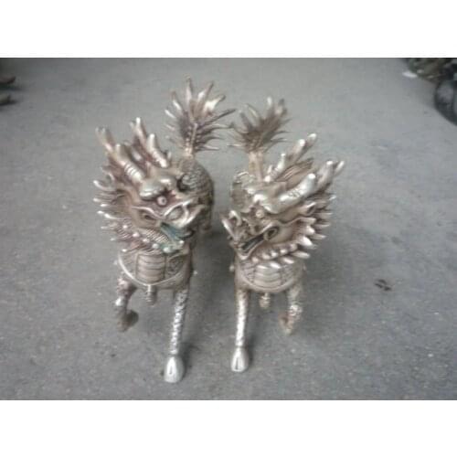 Elegant Old Tibet Silver carving-- a pair of Unicorn statue /sculpture, best collection&adornment,free shipping