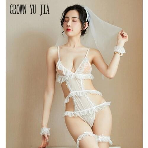 Erotic Cosplay Costume Lace Open Crotch Bodysuit Sexy Women White Bride Wedding Dress Porno Lingerie Perspectivity Bride Uniform