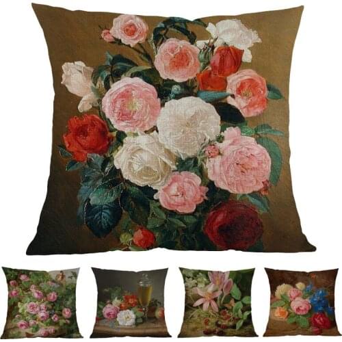 Oil Painting Style European Retro Rose Flower Vintage Floral Elegant Throw Pillow Case Home Decorative Sofa Cushion Cover