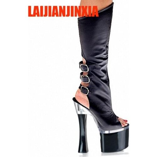 LAIJIANJINXIA New 18cm Women Sexy Boots Plus Size China 34-46 Peep Toe Buckle Strap Black Ladies Party Boots High Heels Boots