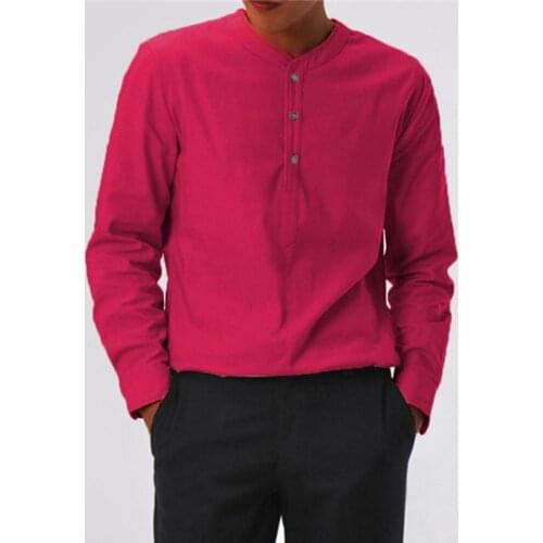 Men Shirt Button Long Sleeve V Neck Soft Solid Color Slim- Fit Casual Shirt Pullover Stylish Top Loose Streetwear