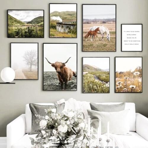 Wall Art Canvas Painting Plateau Cattle Mountain Horse Train Daisy Nordic Posters And Prints Wall Pictures For Living Room Decor