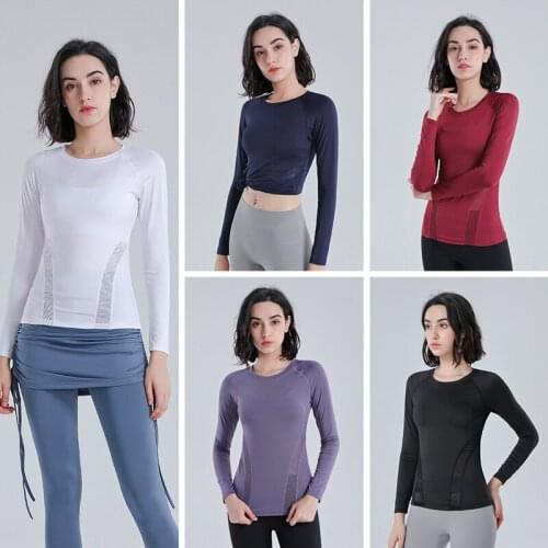 2021 New Quick Dry Top Women Elastic Breathable Skinny T-shirt Mesh Patchwork Long Sleeve Yoga Clothing Fitness Workout Tops Tee