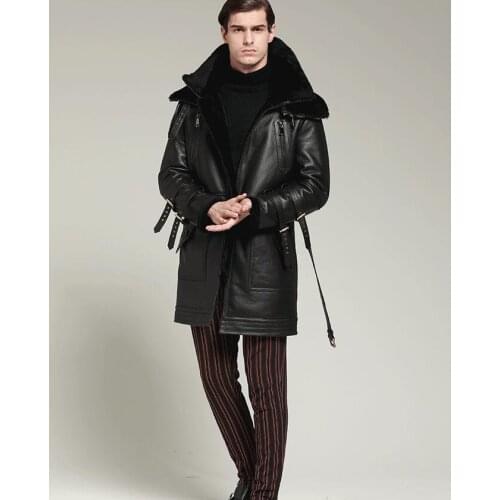 New Men Genuine Leather Outwear coats Mens Winter Thicker Fur one Leather Coat Black Double Collar Long Sheepskin Leather Jacket