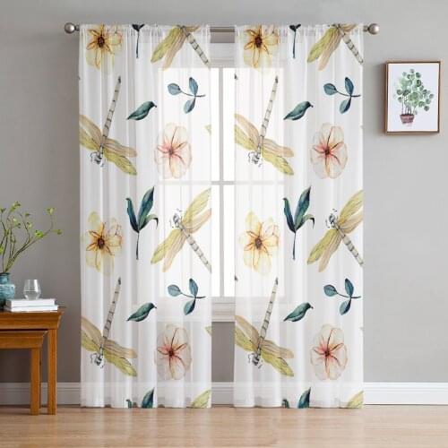 Flowers Green Leaves Dragonfly Sheer Curtains for Living Room Bedroom Kitchen Tulle for Windows Voile Drapes Home Decoration
