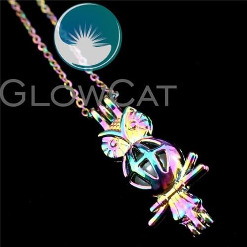 R-C204 Rainbow Color Animal Standing Owl Beads Cage Pendant Perfume Diffuser Aromatherapy Pearl Cage Locket Necklace