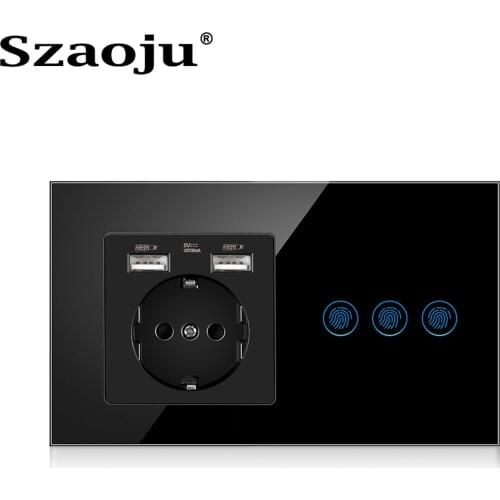 Szaoju Touch Sensor Switch With USB Socket Crystal Glass Panel AC110~250V 16A 146*86mm Wall Socket With Light Switch 1Gang 1Way