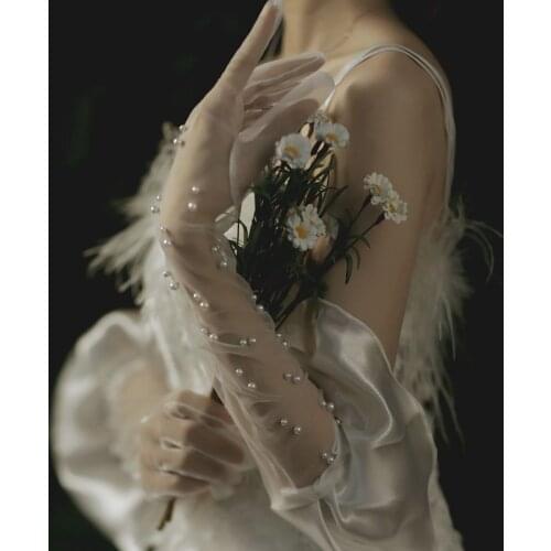 Wedding Bridal Banquet Long Gloves Hollow Embroidery Sequins Pearls Floral Lace Applique Length Full Finger Puffy Satin Edge