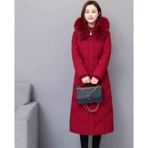 High Quality Female Fox Fur Collar Hooded Outerwear Plus Size 6XL Down Jacket Women Winter X-long White Duck Down Coat LM240