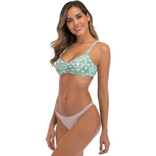 Womens Floral Printing Bathing Suits Swim Bottoms Padded Halter Back Cross Bandage Bikini Two Piece Swimsuits