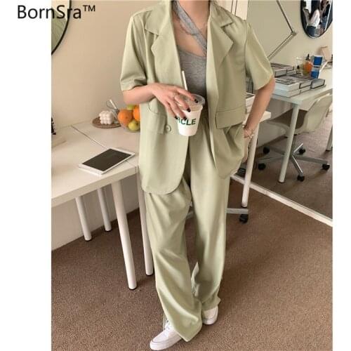 Women Elegant 2 Piece Set Casual Double Breasted OL Blazer Jacket Sets Wide Leg Split Pants Korean Style Business Outwears 2021