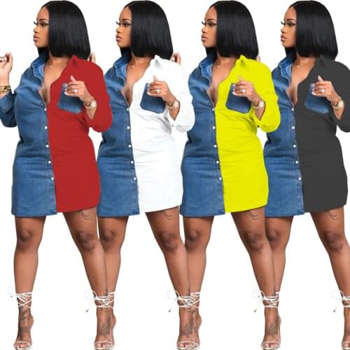 Color Block Denim Shirt Mini Dress Woman Turn Down Collar Long Sleeve Single-Breasted Casual Hihg Street Outfits Plus Size S-XXL
