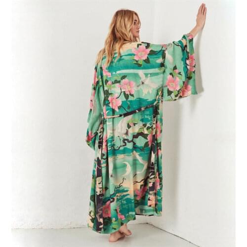 2021 Boho Crane Floral Print Women Summer Beach Swimwear Long Kimono Cover Up Dress Cardigan Plus Size Ladies Sexy V-neck Dress