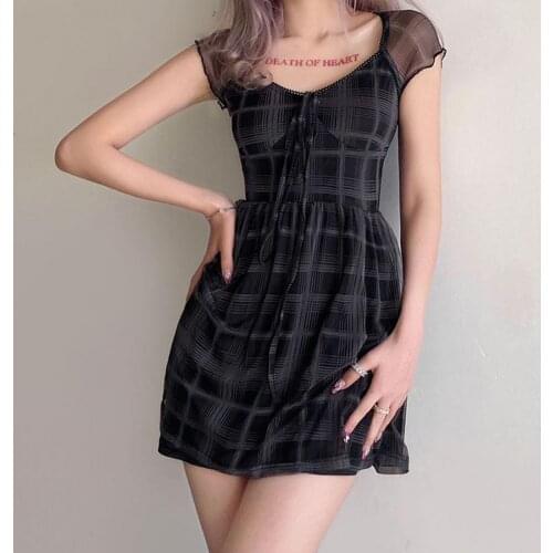 Gird Pattern Women Dress Square Neck All-matched Short Sleeve Bow Mini Dress Streetwear Boho
