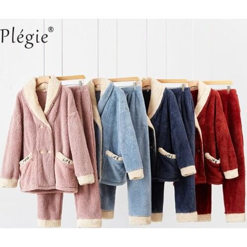 2021 Velvet Thick Warm Womens Winter Pajamas Set Flannel Couple Homewear Suit Pink Blue Two-piece Sleepwear Female Home Clothes