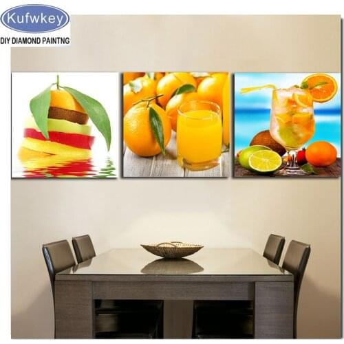 3 Panel Drinks Juice Orange 5d DIY Diamond Embroidery sale Full Drill Square round Diamond Painting Mosaic Cross Stitch Triptych
