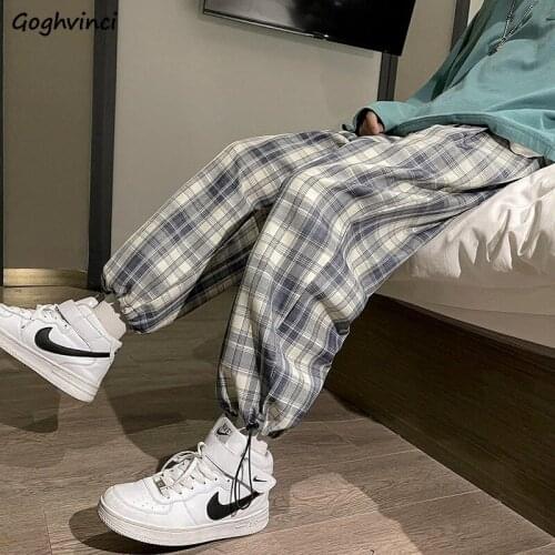 Plaid Women Casual Pants Straight All-match Harajuku Streetwear Bundle Feet Korean Style Empire Drawstring Trousers Wide Leg BF
