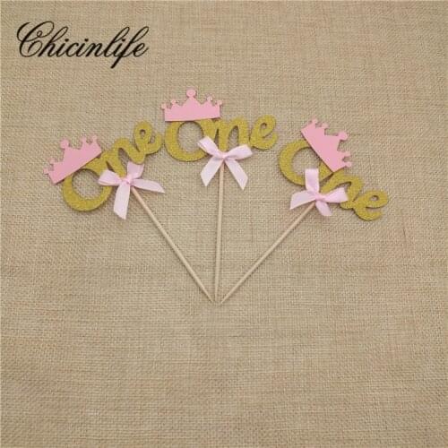 Chicinlife gold/silver 1St First Birthday Glitter Pink Crown One Cake Cupcake Toppers Kid Party baby shower Decorations Supplies