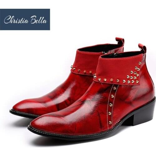 Christia Bella Autumn Winter Men Shoes Genuine Leather Boots New Fashion Rivets Pointed Toe Boots Large Size Ankle Boots