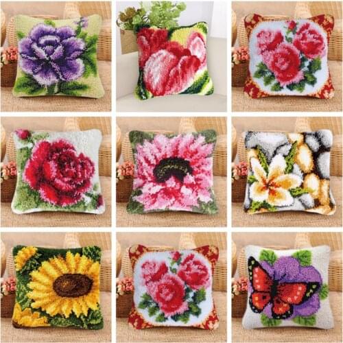 Flowers Borduurpakket Kussen Embroidery Package Pillow Latch Hook Kit DIY Smyrna Knooppakket Klink Haak Kleed Bloemen Needlework