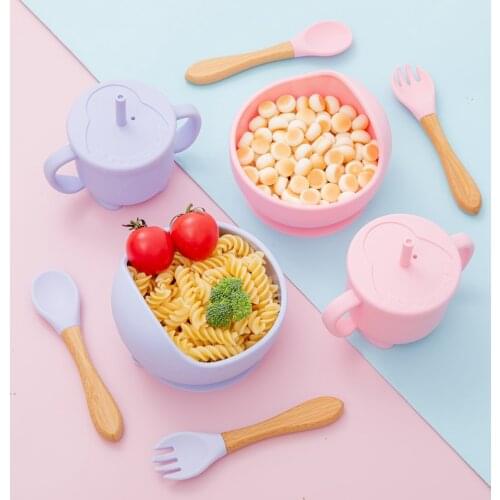 Baby Silicone Bowl Tableware Strong Sucker Bowl Straw cup fork Spoon Cartoon Shape Children Feeding Set BPA Free