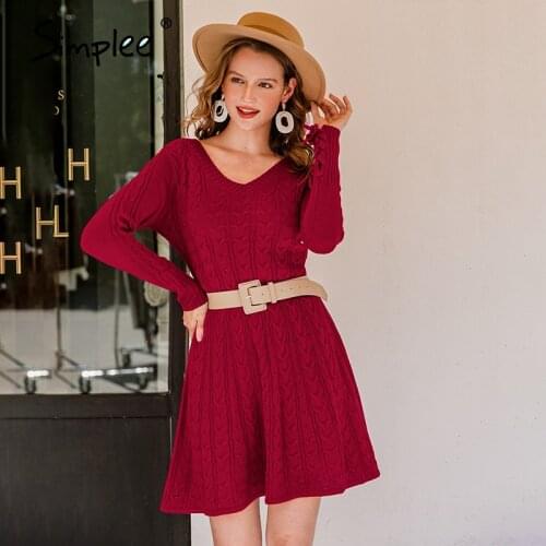 Simplee Elegant Autumn Winter Women Sweater Dress Warm Casual Female Solid Knitted Dress A Line V Neck Burgundy Knit Dress 2020