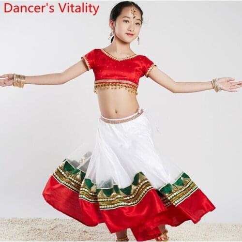 Indian Dance Stage Wear Girls Children Top Mesh Splicing Skirt Veil Belly Folk Dance Professional Performance Costume Outfits