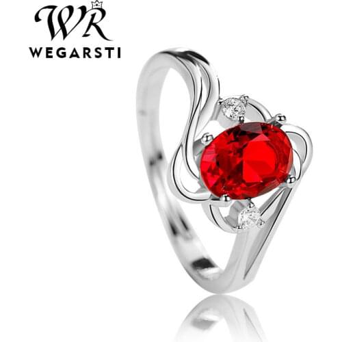 WEGARSTI Korean 925 Sterling Silver Oval Ruby Gemstone Ring For Women Wedding Engagement Open Size Crystal Ring Jewelry
